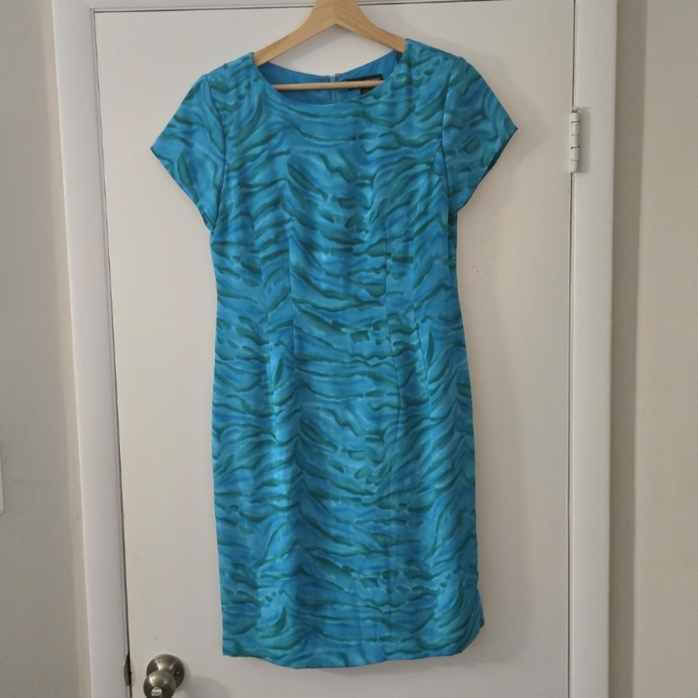 Vintage Valerie Dresses 100% Silk Aqua Short Sleeve Sheath Dress Size 8